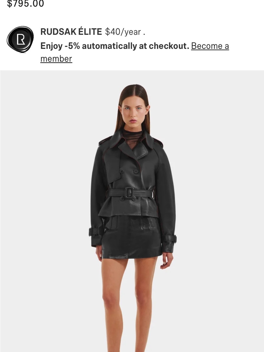 RUDSAK Black Lamb Leather Belted Trench Coat size XL